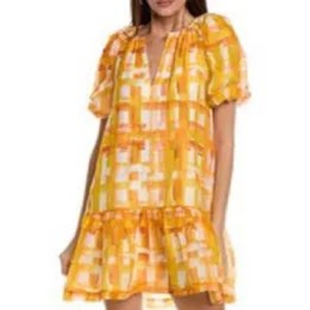 MARIE OLIVER Orange Abstract Retro Mod Linen Silk Summer Garden Party Dress MED